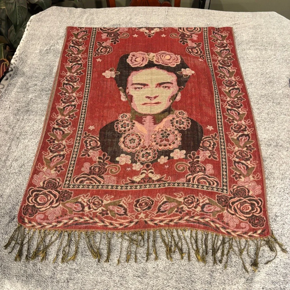 Frida Kahlo Women Shawl Wrap Scarf OS Floral Fringed Art Painter Portrait 21253